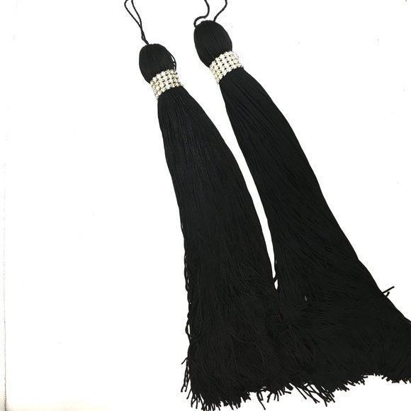 Halloween Curtain Tie Backs Black Fringe Tassels With Rhinestones Set of Two - Picture 2 of 6